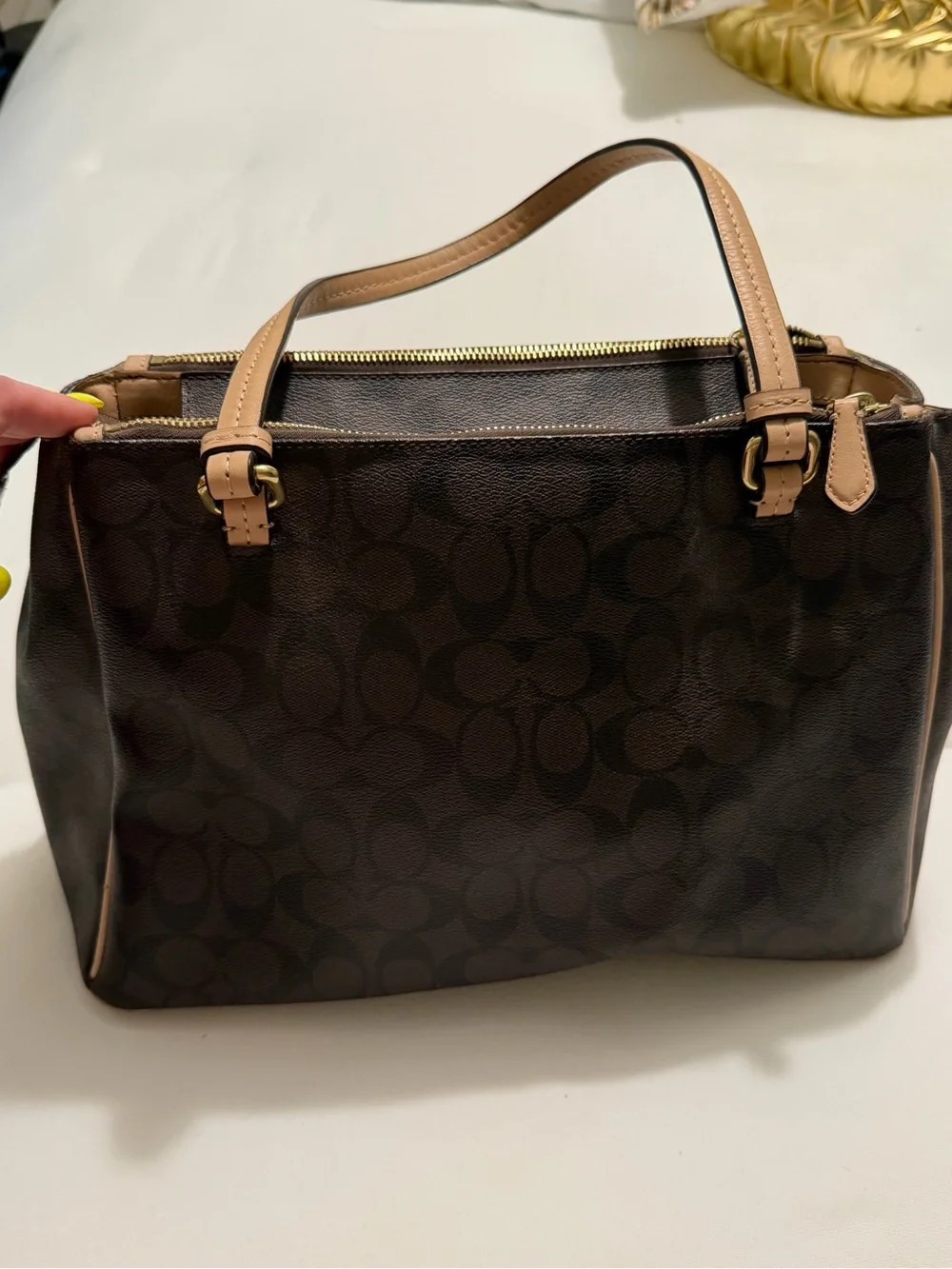 Coach Brown Signature Shoulder Bag with Tan Trim